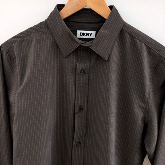 DKNY | Men's Carbon Striped Button Down Long Sleeved Dress Shirt - Picture 3 of 5